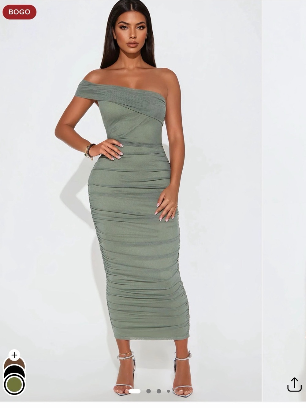 Off-Shoulder Ruched Midi Dress in Sage Green